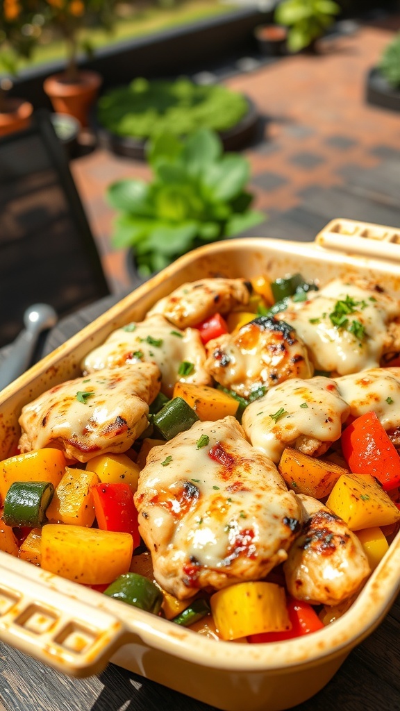 Grilled chicken and vegetable casserole with cheese, served outdoors on a wooden table.